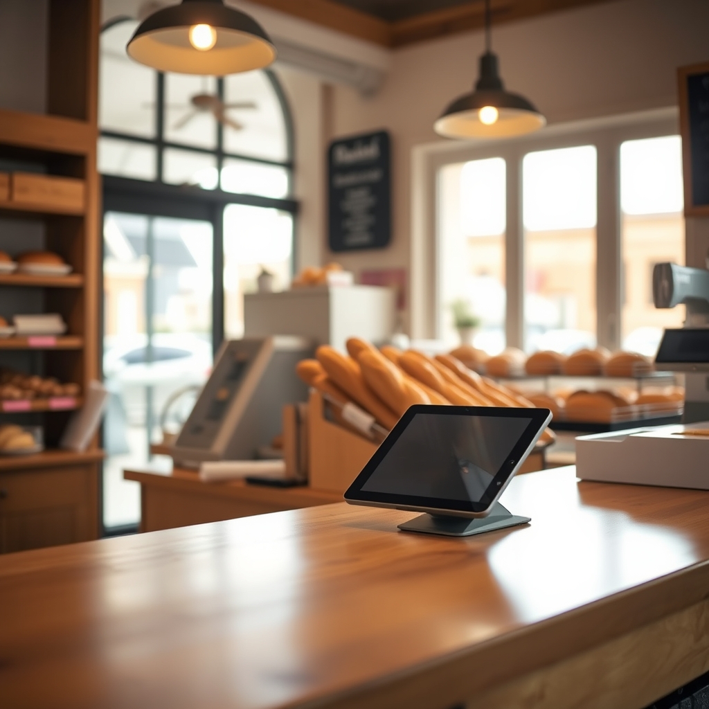 Comptoir de boulangerie française en fin de matinée avec une tablette posée près de la caisse
