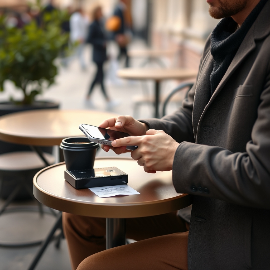 Client attablé en terrasse d'un café français scannant un QR code avec son téléphone