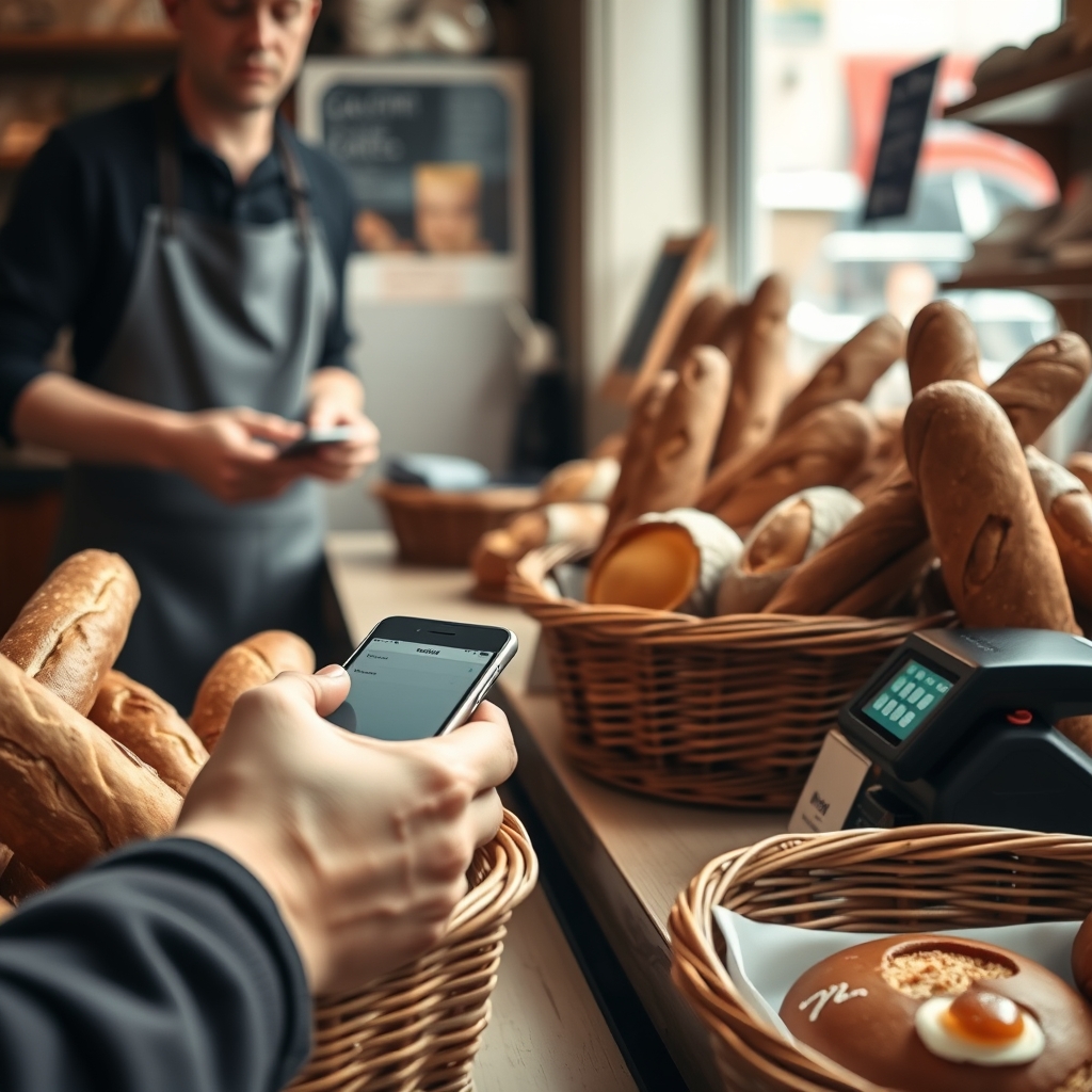 Comptoir de boulangerie avec un client qui règle son achat, téléphone à la main