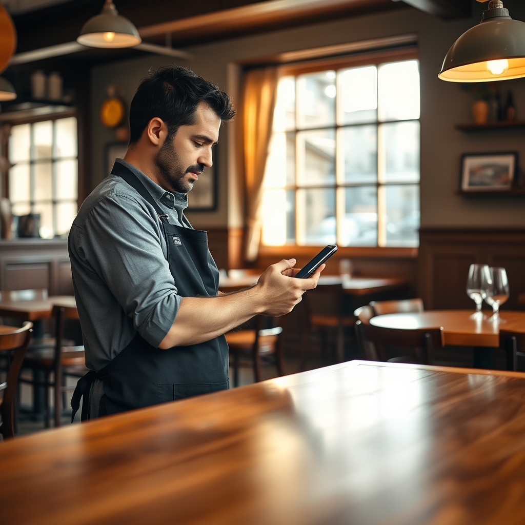 Restaurateur consultant sa fiche Google sur un smartphone au comptoir avant le service
