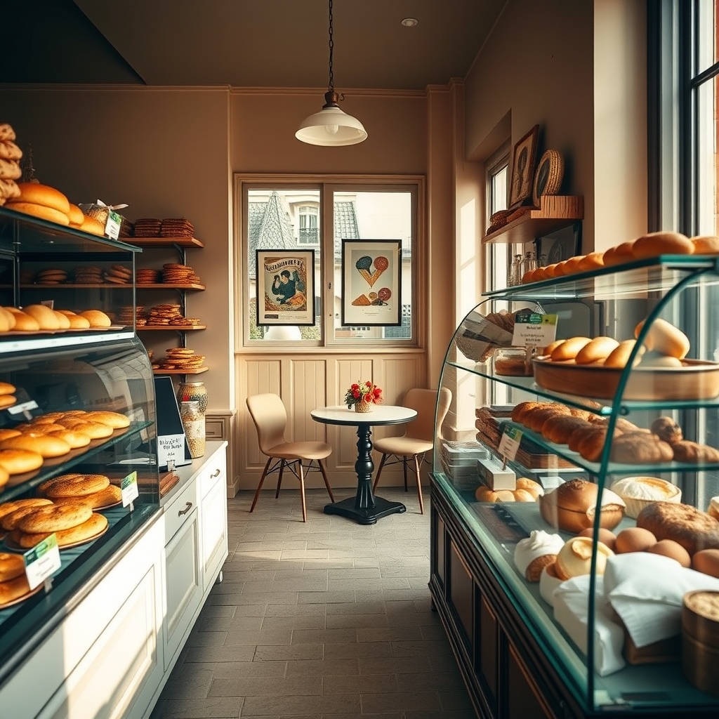 Comptoir de boulangerie française avec vitrine garnie et coin salon de thé en arrière-plan