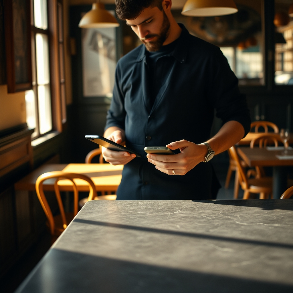 Patron de restaurant consultant sa fiche Google sur un smartphone au comptoir