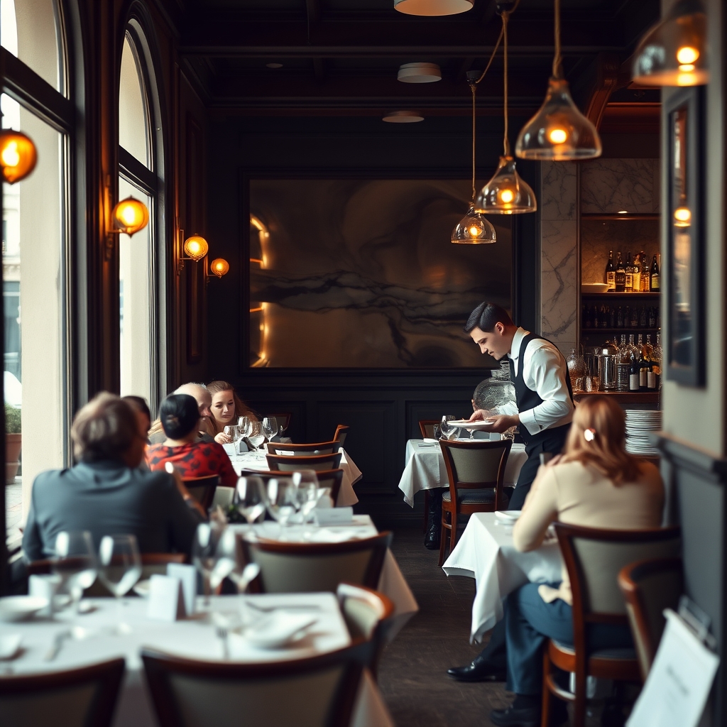 Salle de restaurant français en service en début de soirée, tables occupées, lumière chaude