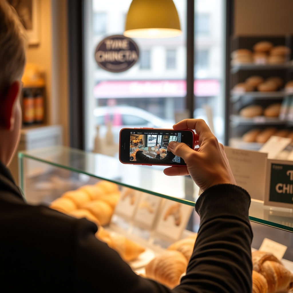 Comptoir de boulangerie française le matin, viennoiseries alignées, client de dos qui photographie la vitrine avec son téléphone