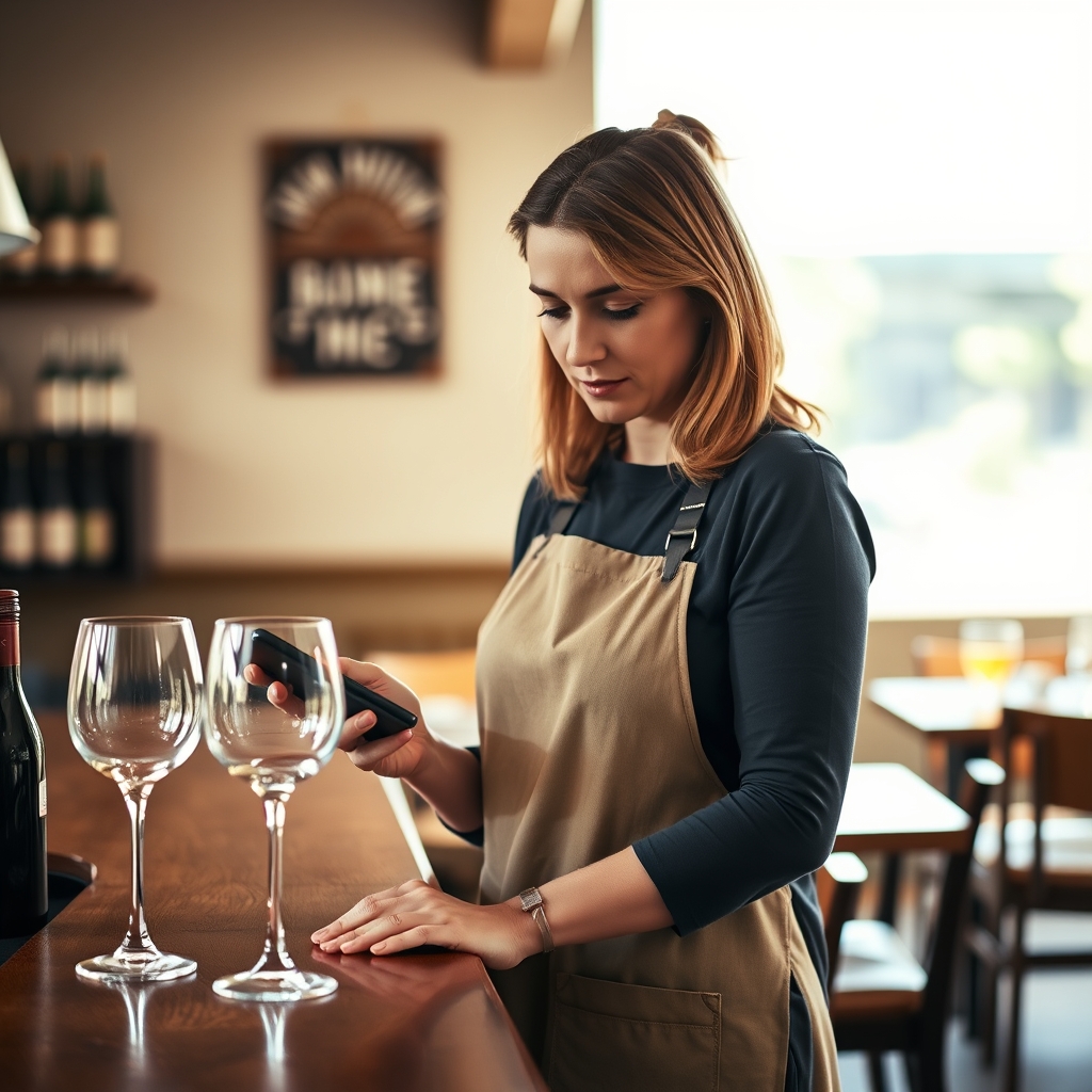 Gérante de restaurant consultant sa fiche Google sur un téléphone au comptoir entre deux services