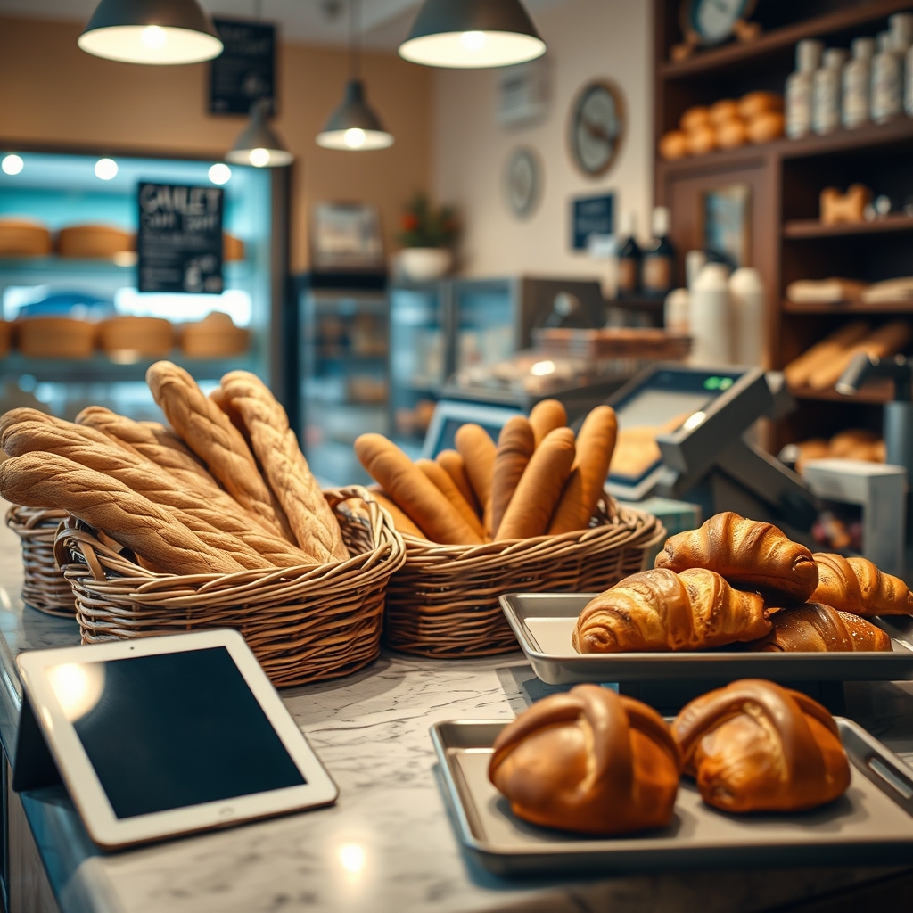 Comptoir de boulangerie française en début de matinée avec une tablette posée près de la caisse