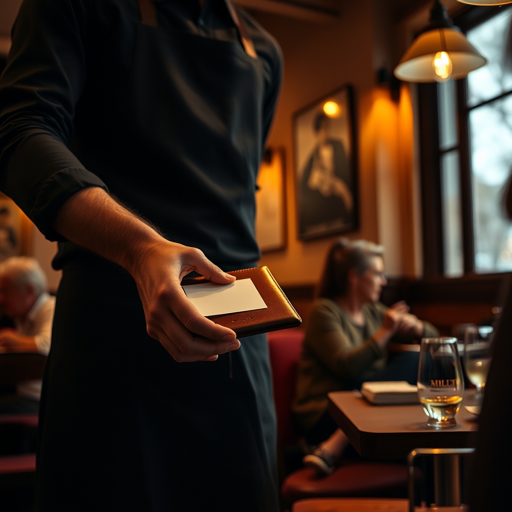 Serveur remettant un porte-addition avec un QR code à une table dans une salle de restaurant française
