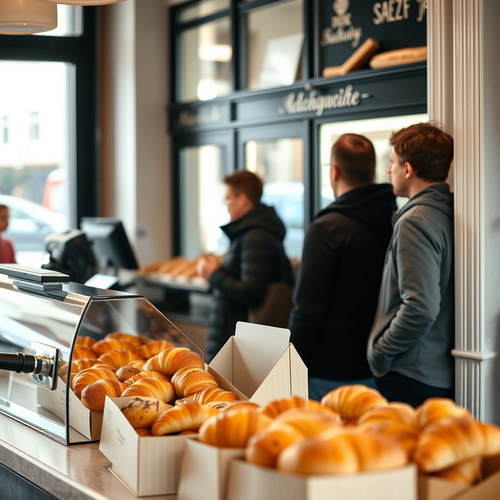 Comptoir de boulangerie française avec un petit présentoir posé près de la caisse et une file de clients