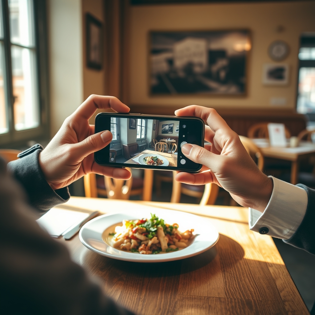 Patron de restaurant photographiant une assiette avec son téléphone dans une salle française