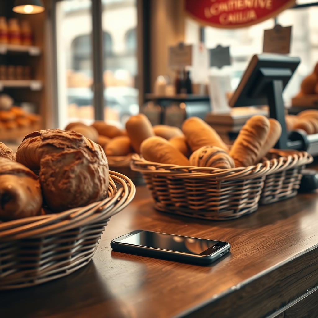 Comptoir de boulangerie française avec viennoiseries et téléphone posé près de la caisse