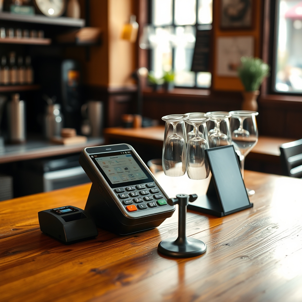 Comptoir de bistrot français avec un terminal de paiement et un support de collecte d'avis près de la caisse