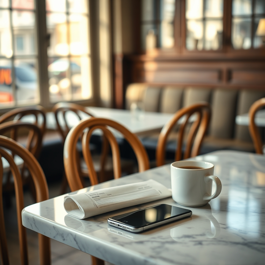 Salle de brasserie française en fin de service, table avec addition et téléphone posé dessus