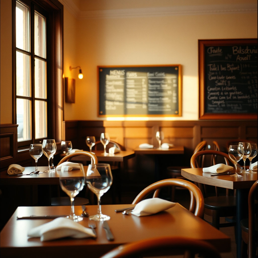 Salle de bistrot français en fin de service, tables dressées et lumière chaude