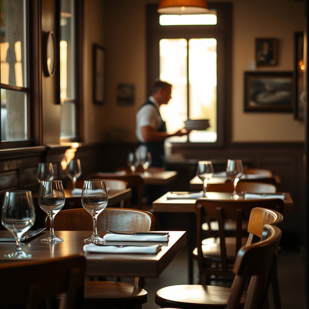 Salle de restaurant français en service, tables dressées et lumière de fin d'après-midi