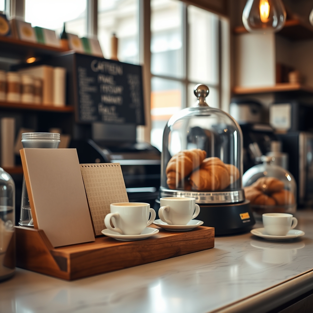 Comptoir de café avec un petit support de sollicitation d'avis posé près de la caisse
