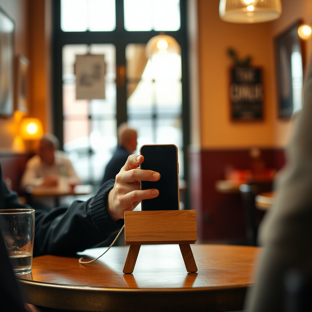 Client attablé dans un bistrot français scannant un support posé sur la table pendant le service