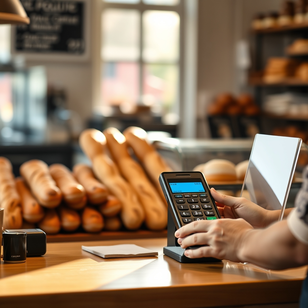 Comptoir de boulangerie française avec terminal de paiement et petit support de collecte d'avis en caisse