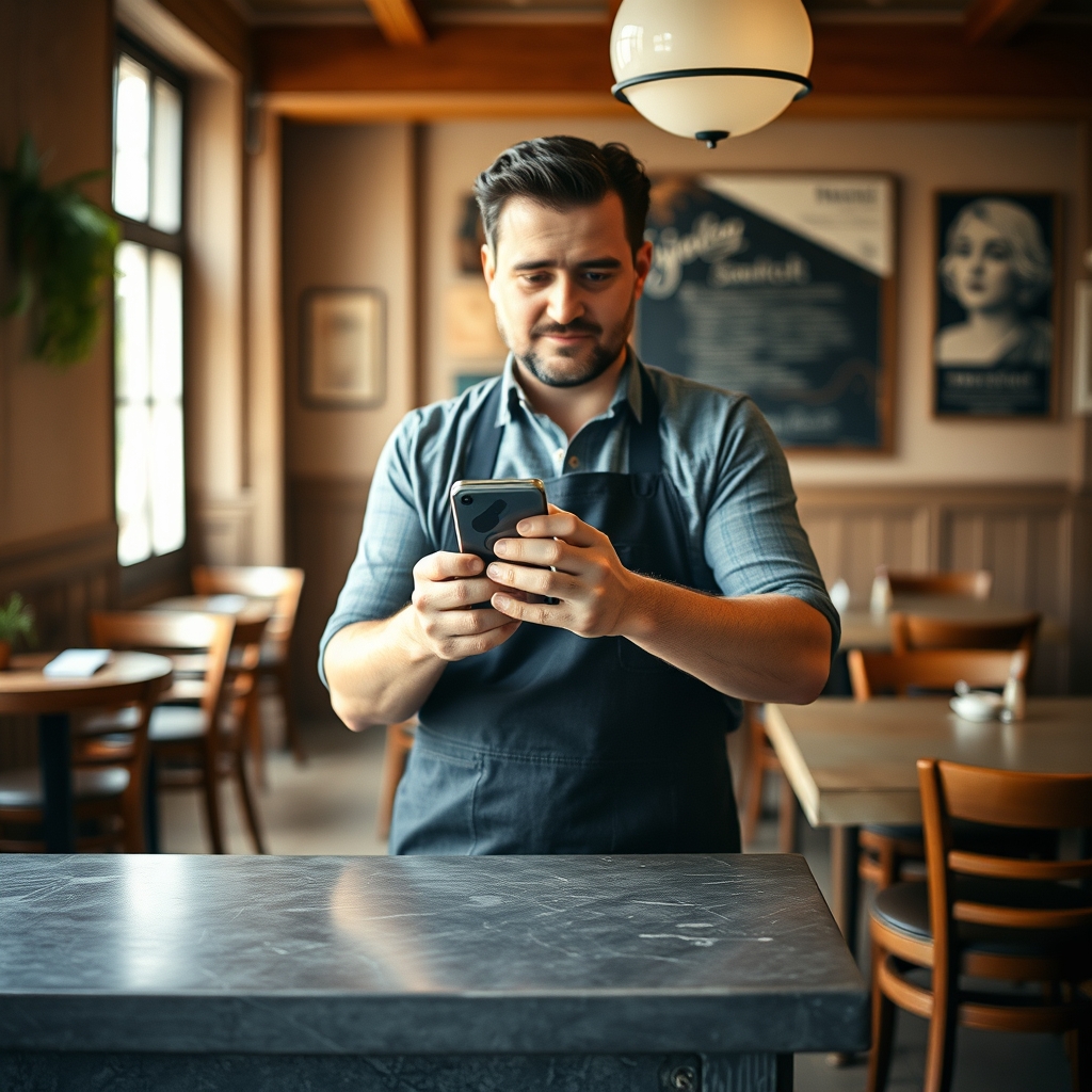 Restaurateur consultant une carte sur son téléphone au comptoir de son établissement
