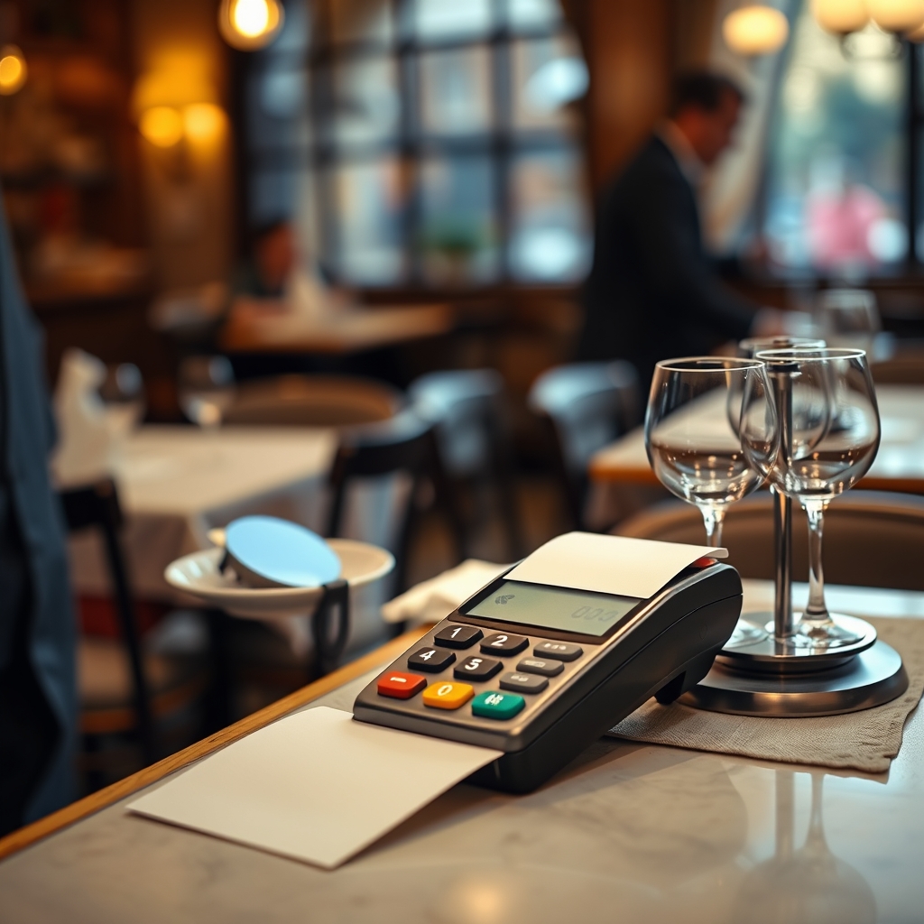 Comptoir d'encaissement d'un bistrot français avec un petit dispositif posé près de la caisse