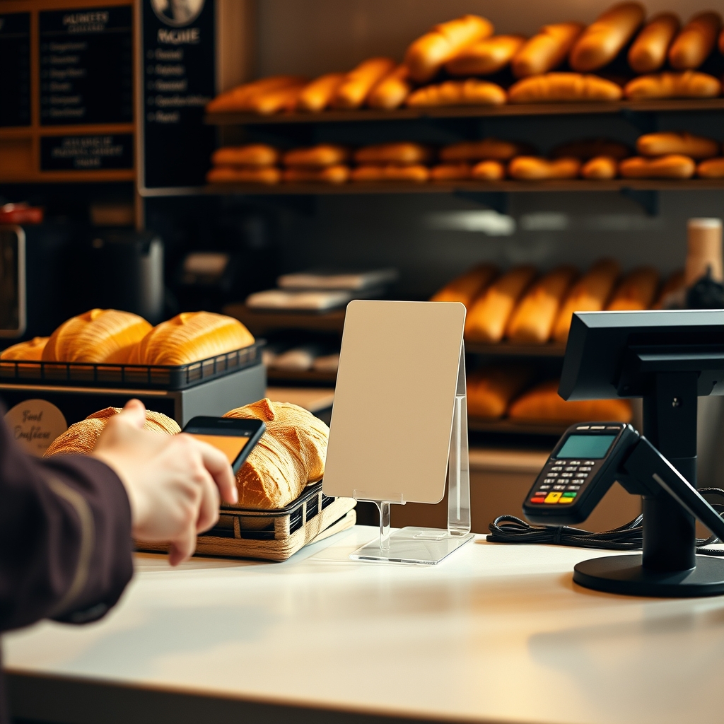 Comptoir de boulangerie française avec un petit support de collecte d'avis près de la caisse