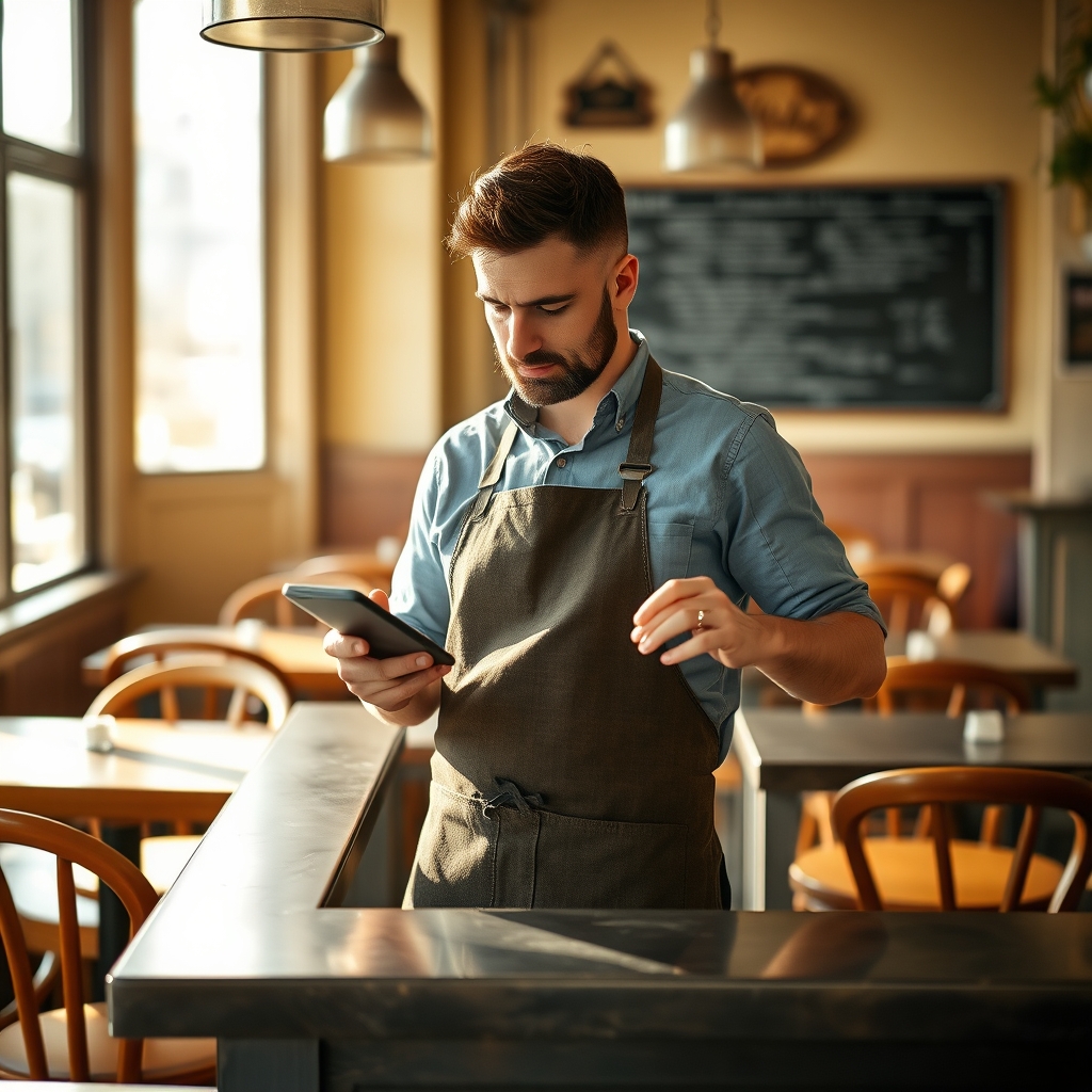 Patron de restaurant consultant sa fiche Google sur un téléphone au comptoir avant le service