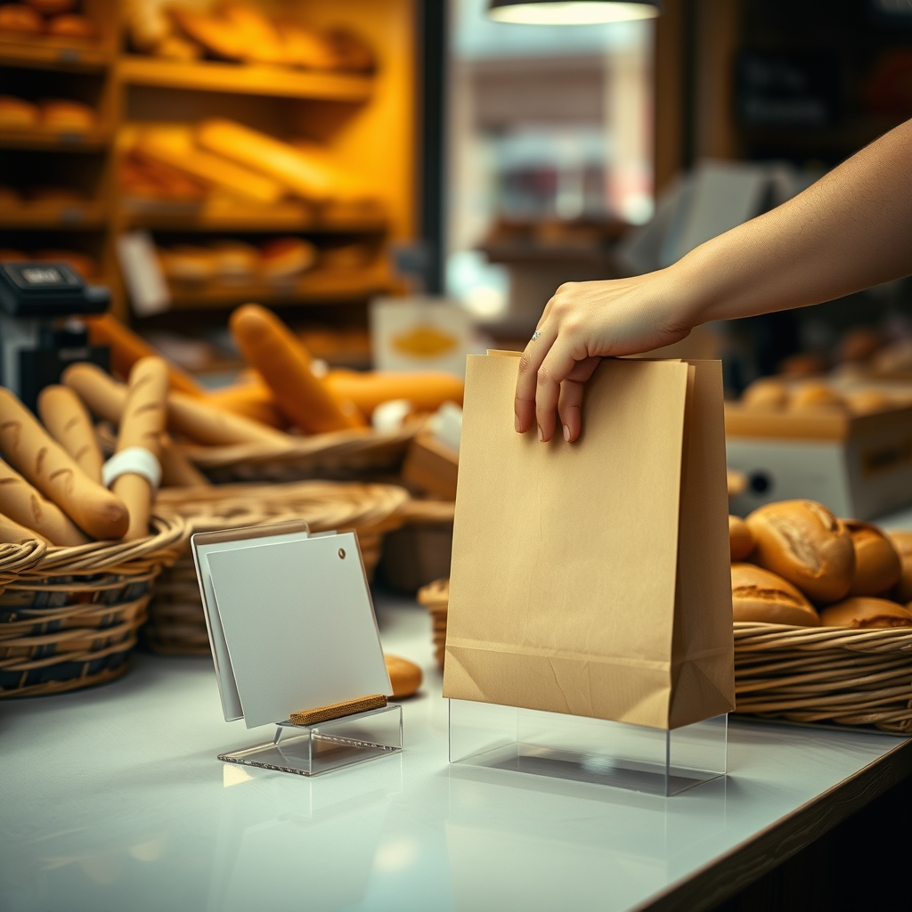 Comptoir de boulangerie française en fin de matinée avec petit présentoir invitant à laisser un avis