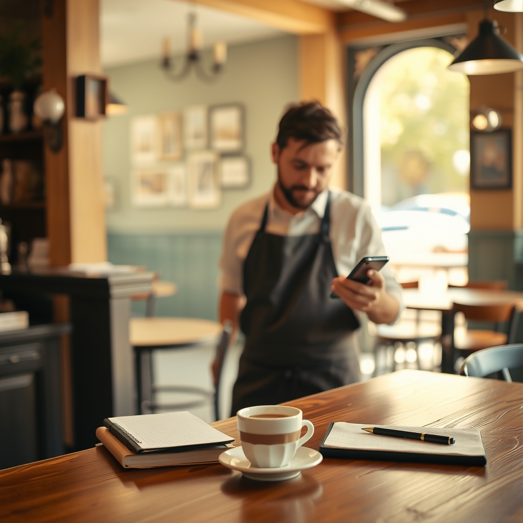 Gérant de restaurant consultant les avis sur un téléphone posé près de la caisse