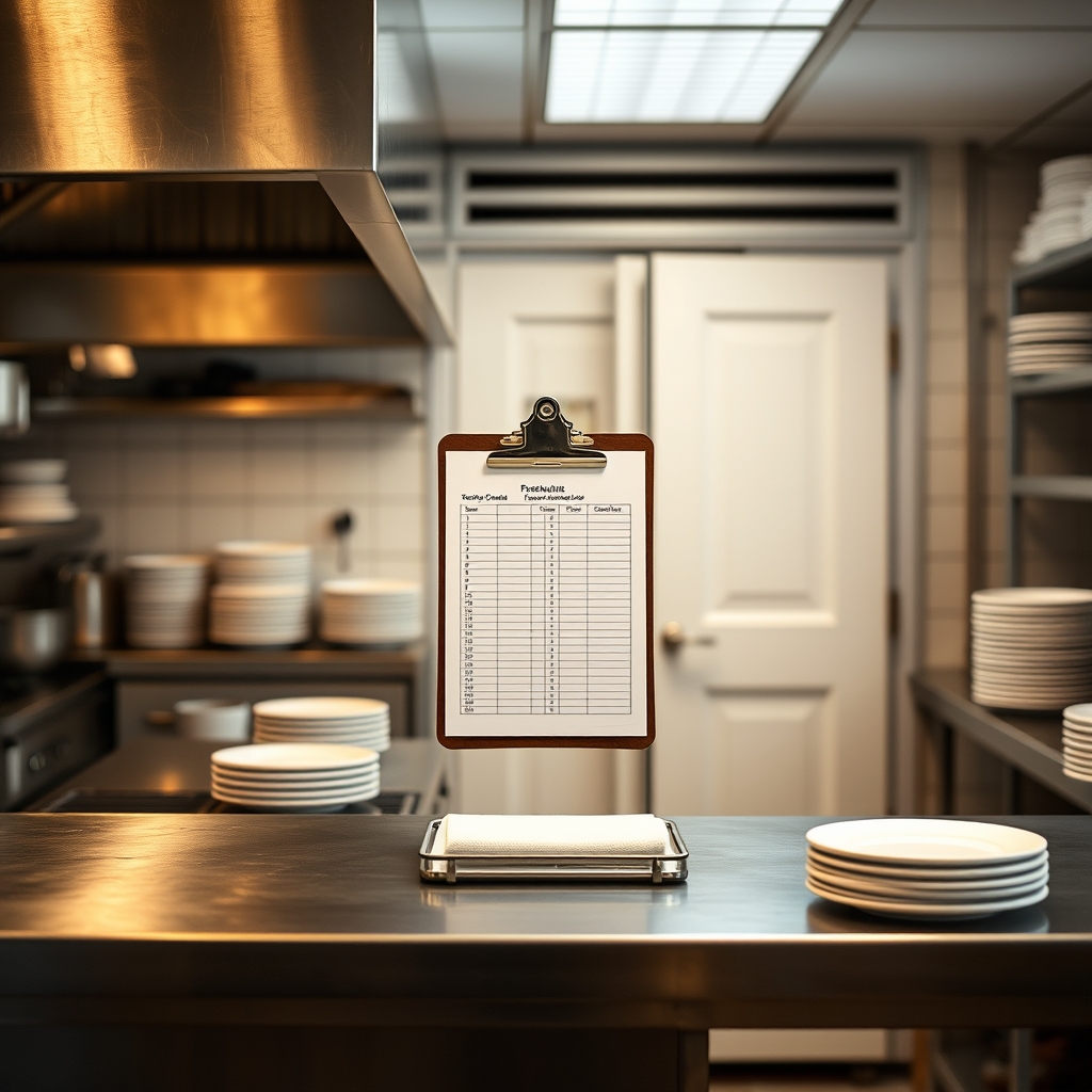 Cuisine professionnelle rangée avec fiche de relevé de températures accrochée près du passe