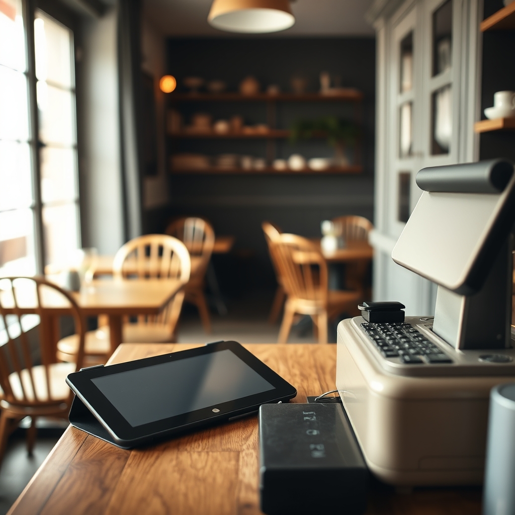 Tablette posée près de la caisse d'un restaurant français en fin de service