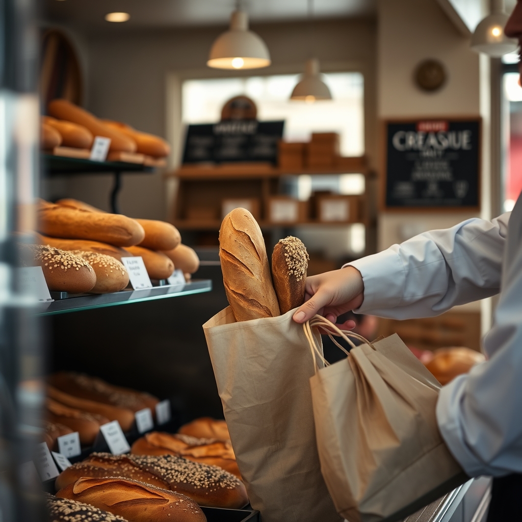 Comptoir de boulangerie française en fin de matinée, vitrine garnie